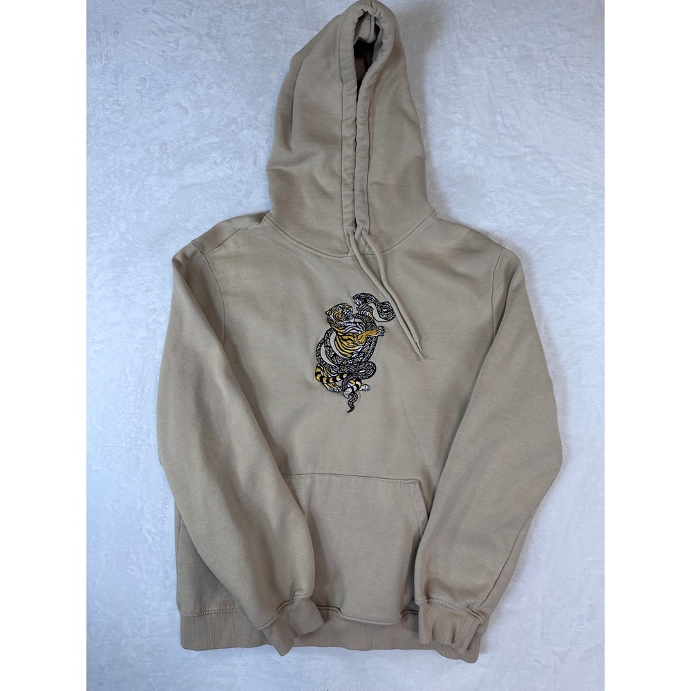 H&M Mens Large Tan Beige Tiger Snake Embroidered Hoodie Regular Fit Sweatshirt